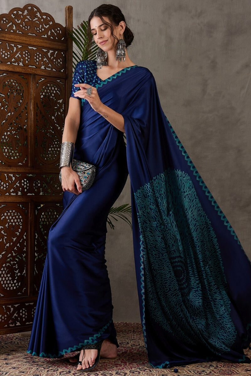 Whimsical Navy Blue Ajrakh Printed Semi Modal Silk Saree With Scrupulous Blouse Piece