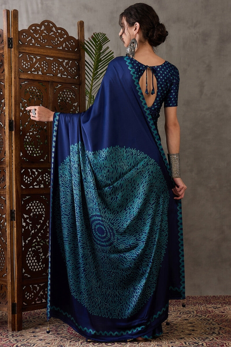 Whimsical Navy Blue Ajrakh Printed Semi Modal Silk Saree With Scrupulous Blouse Piece