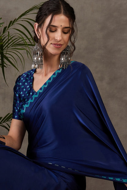 Whimsical Navy Blue Ajrakh Printed Semi Modal Silk Saree With Scrupulous Blouse Piece