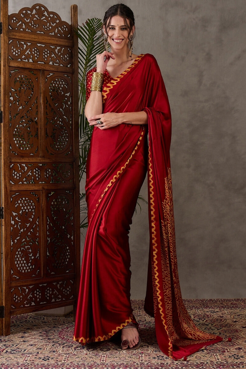 Panache Red Ajrakh Printed Semi Modal Silk Saree With Chatoyant Blouse Piece