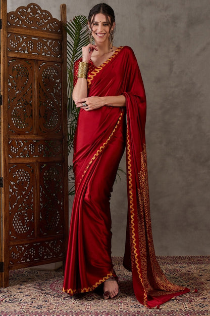 Panache Red Ajrakh Printed Semi Modal Silk Saree With Chatoyant Blouse Piece
