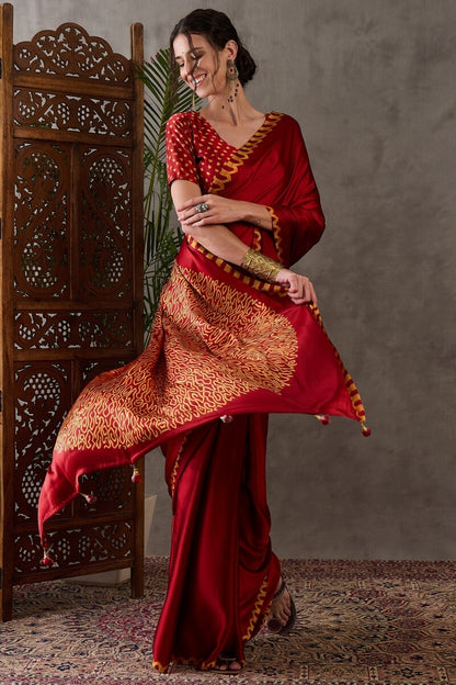 Panache Red Ajrakh Printed Semi Modal Silk Saree With Chatoyant Blouse Piece
