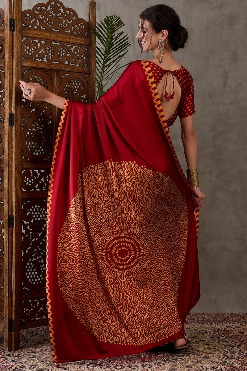 Panache Red Ajrakh Printed Semi Modal Silk Saree With Chatoyant Blouse Piece
