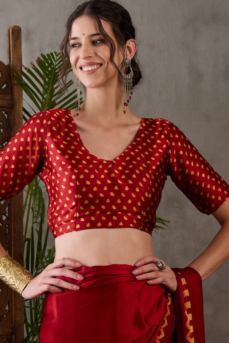 Panache Red Ajrakh Printed Semi Modal Silk Saree With Chatoyant Blouse Piece