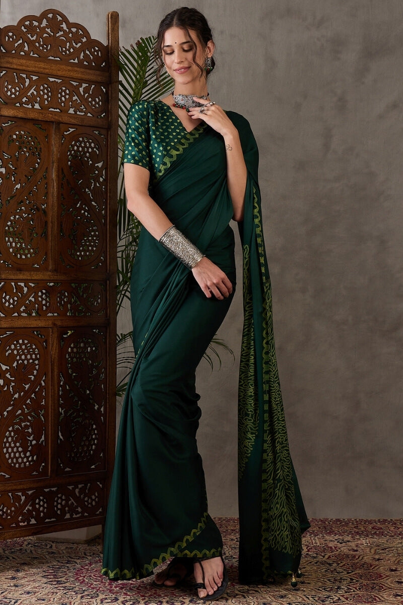 Majesty Dark Green Ajrakh Printed Semi Modal Silk Saree With Outstanding Blouse Piece