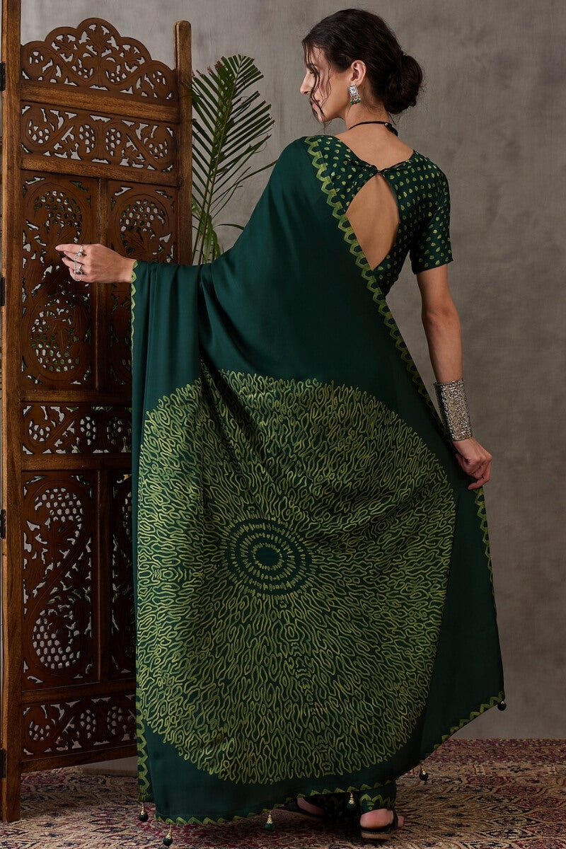 Majesty Dark Green Ajrakh Printed Semi Modal Silk Saree With Outstanding Blouse Piece