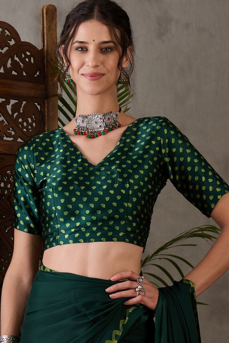 Majesty Dark Green Ajrakh Printed Semi Modal Silk Saree With Outstanding Blouse Piece