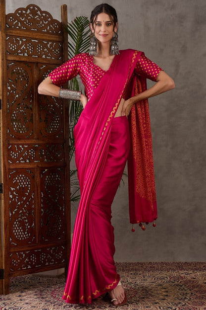 Appealing Dark Pink Ajrakh Printed Semi Modal Silk Saree With Elision Blouse Piece