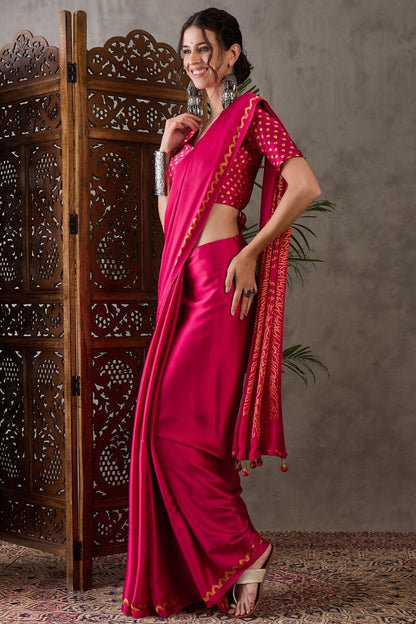 Appealing Dark Pink Ajrakh Printed Semi Modal Silk Saree With Elision Blouse Piece