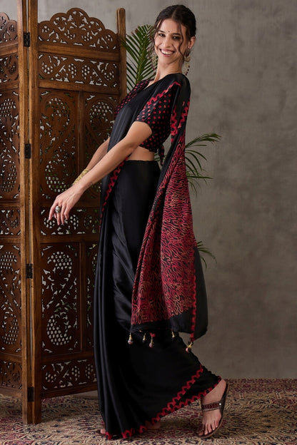 Super classy Black Ajrakh Printed Semi Modal Silk Saree With Symmetrical Blouse Piece