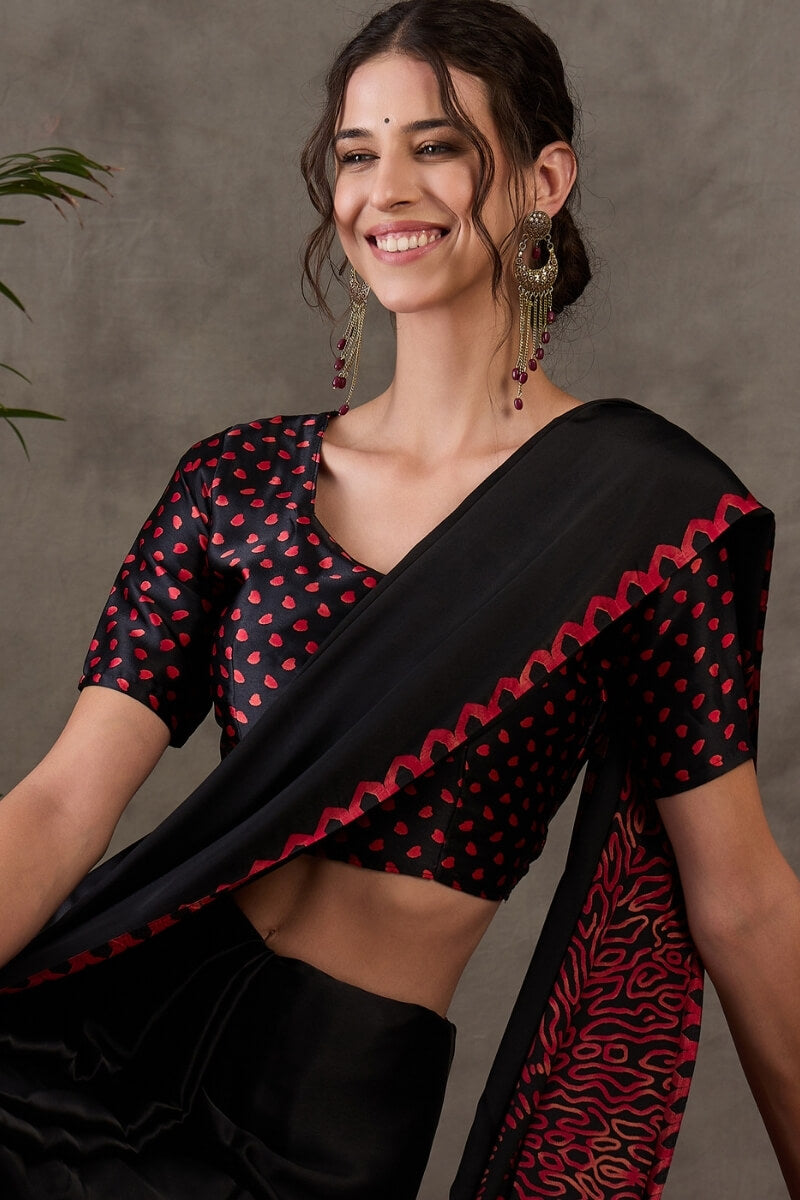 Super classy Black Ajrakh Printed Semi Modal Silk Saree With Symmetrical Blouse Piece