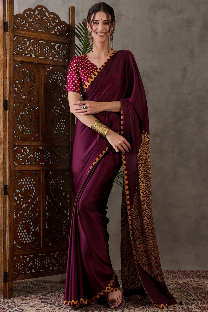 Beleaguer Wine Ajrakh Printed Semi Modal Silk Saree With Skinny Blouse Piece