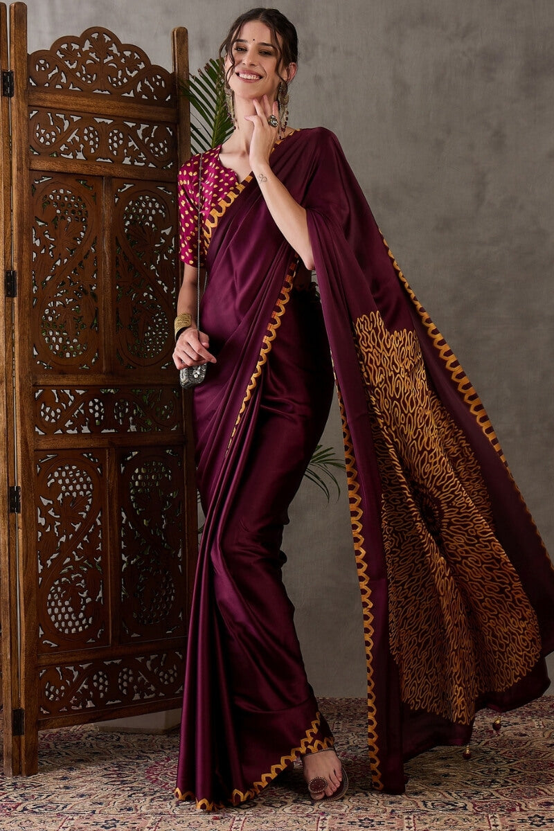 Beleaguer Wine Ajrakh Printed Semi Modal Silk Saree With Skinny Blouse Piece