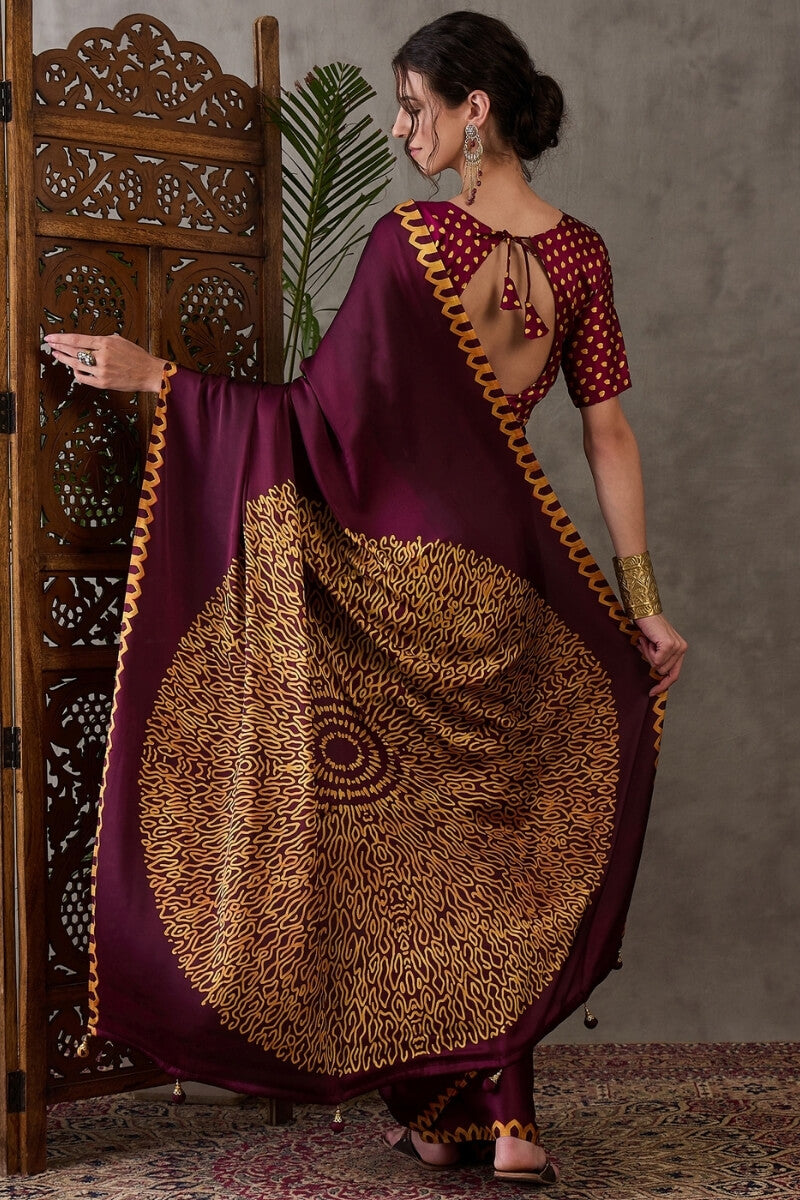 Beleaguer Wine Ajrakh Printed Semi Modal Silk Saree With Skinny Blouse Piece