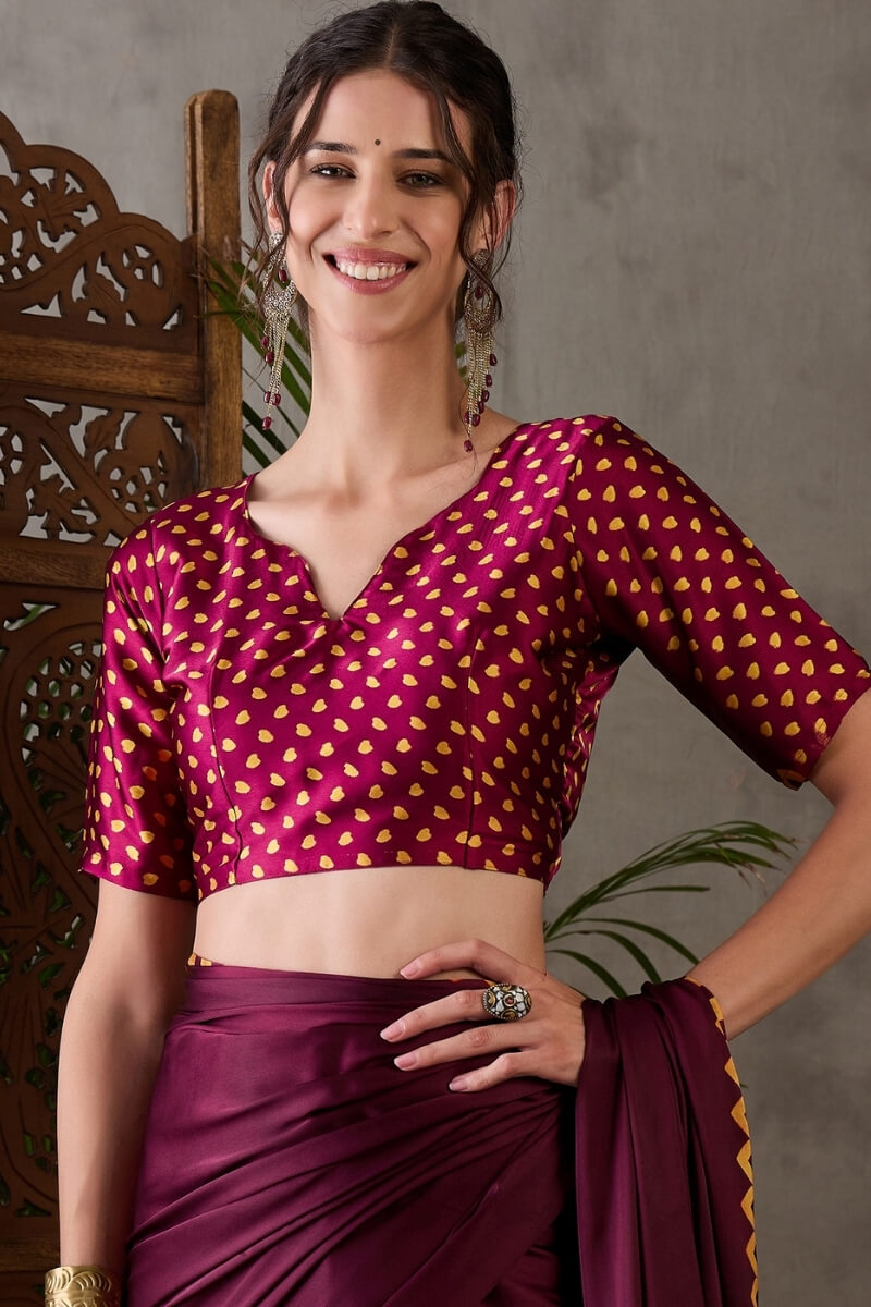 Beleaguer Wine Ajrakh Printed Semi Modal Silk Saree With Skinny Blouse Piece