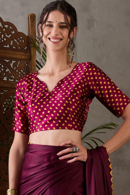 Beleaguer Wine Ajrakh Printed Semi Modal Silk Saree With Skinny Blouse Piece