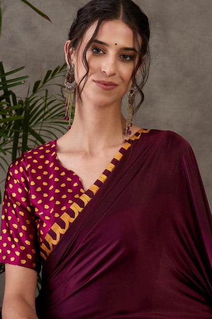Beleaguer Wine Ajrakh Printed Semi Modal Silk Saree With Skinny Blouse Piece