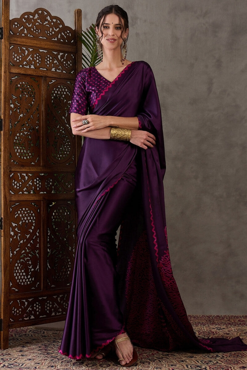 Jazzy Purple Ajrakh Printed Semi Modal Silk Saree With Ideal Blouse Piece