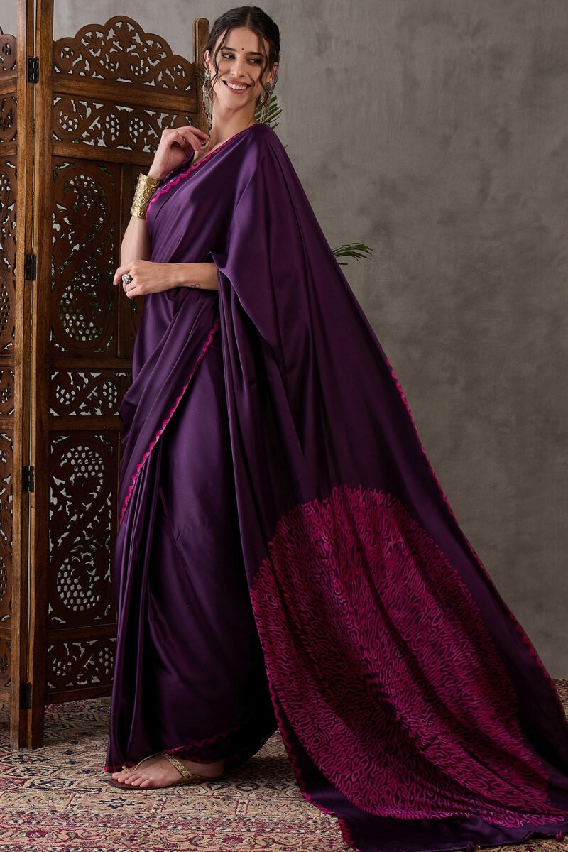 Jazzy Purple Ajrakh Printed Semi Modal Silk Saree With Ideal Blouse Piece
