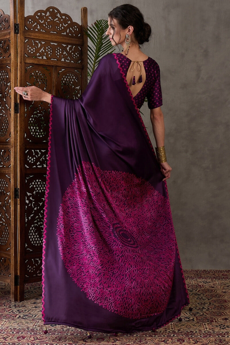 Jazzy Purple Ajrakh Printed Semi Modal Silk Saree With Ideal Blouse Piece