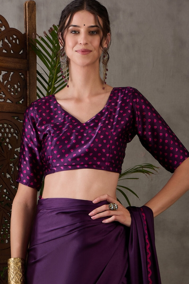 Jazzy Purple Ajrakh Printed Semi Modal Silk Saree With Ideal Blouse Piece