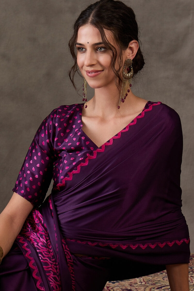 Jazzy Purple Ajrakh Printed Semi Modal Silk Saree With Ideal Blouse Piece