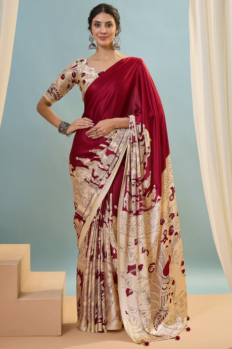 Precious Red Ajrakh Printed Semi Modal Silk Saree With Divine Blouse Piece
