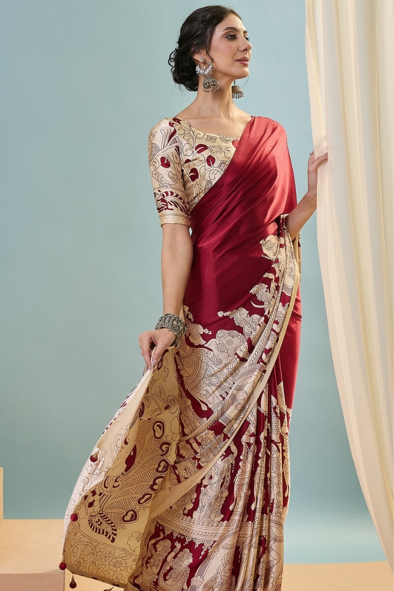 Precious Red Ajrakh Printed Semi Modal Silk Saree With Divine Blouse Piece