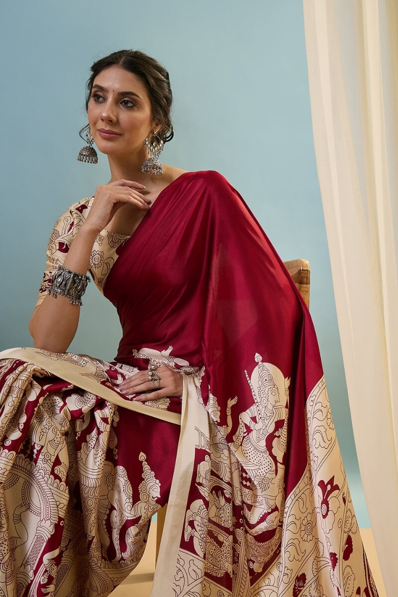 Precious Red Ajrakh Printed Semi Modal Silk Saree With Divine Blouse Piece