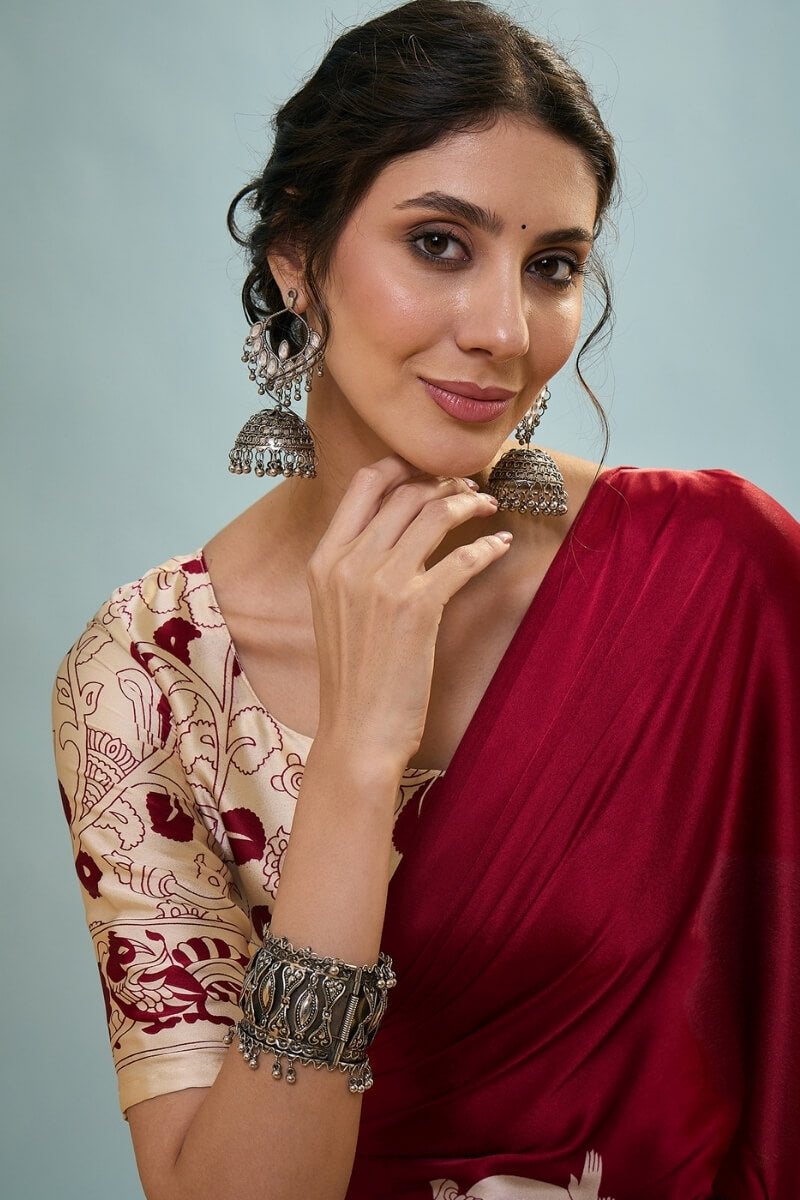 Precious Red Ajrakh Printed Semi Modal Silk Saree With Divine Blouse Piece