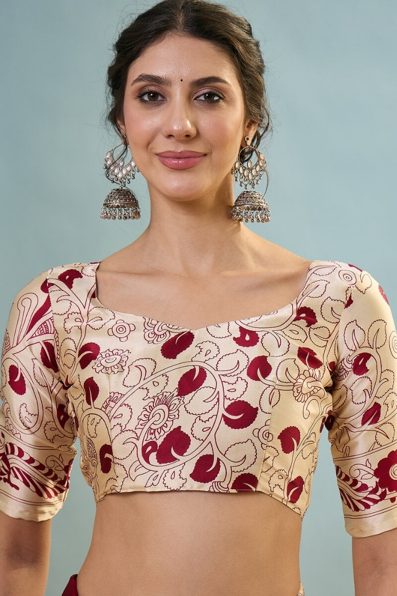 Precious Red Ajrakh Printed Semi Modal Silk Saree With Divine Blouse Piece