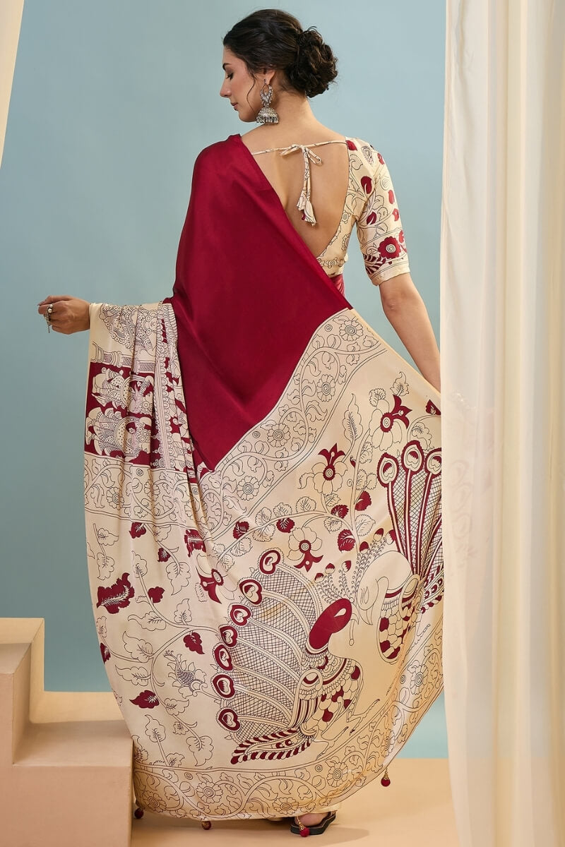 Precious Red Ajrakh Printed Semi Modal Silk Saree With Divine Blouse Piece