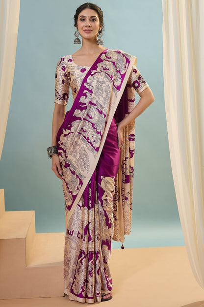 Seraphic Purple Ajrakh Printed Semi Modal Silk Saree With Ailurophile Blouse Piece
