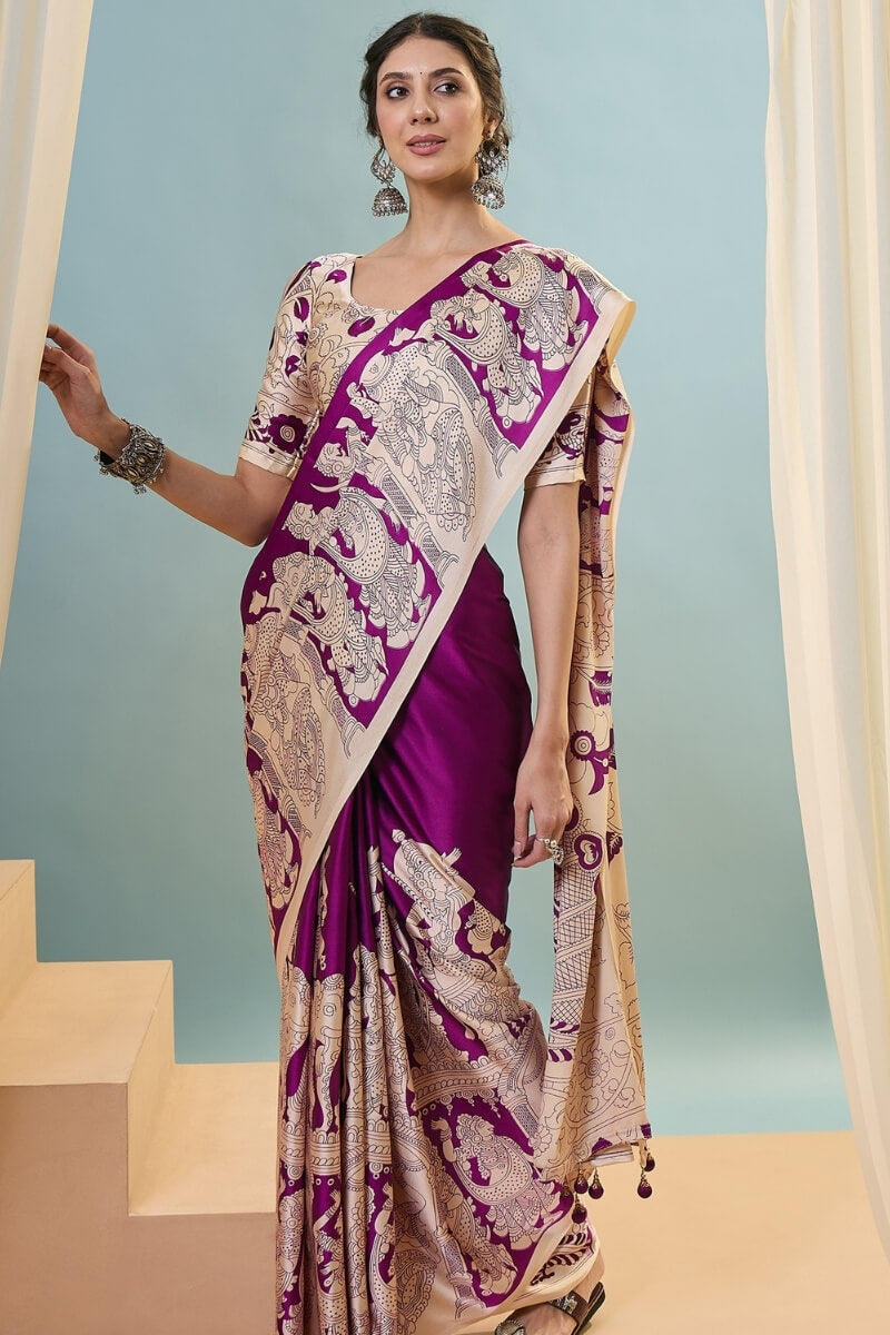 Seraphic Purple Ajrakh Printed Semi Modal Silk Saree With Ailurophile Blouse Piece