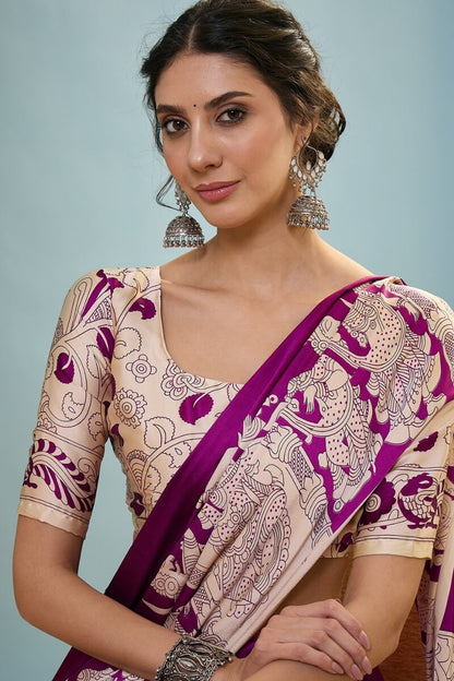 Seraphic Purple Ajrakh Printed Semi Modal Silk Saree With Ailurophile Blouse Piece
