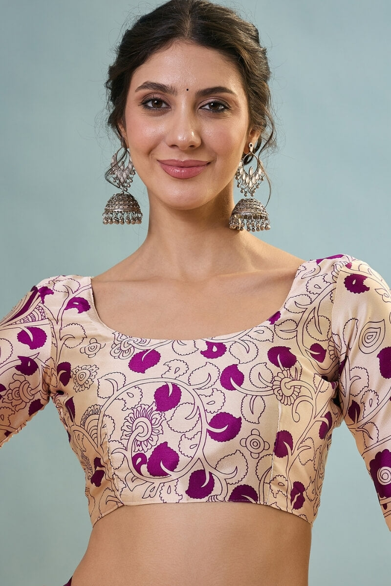 Seraphic Purple Ajrakh Printed Semi Modal Silk Saree With Ailurophile Blouse Piece