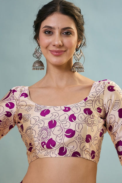 Seraphic Purple Ajrakh Printed Semi Modal Silk Saree With Ailurophile Blouse Piece