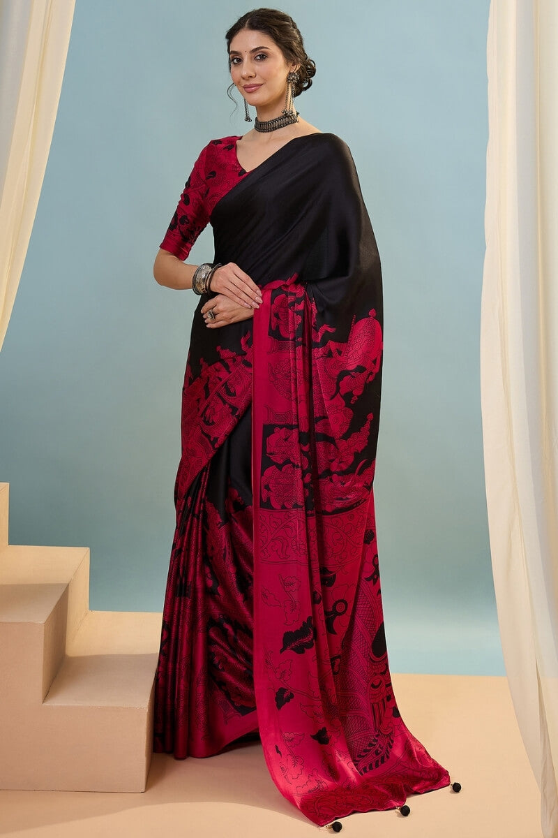 Vestigial Black Ajrakh Printed Semi Modal Silk Saree With Desiring Blouse Piece