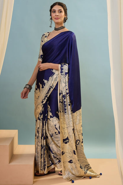 Mesmeric Navy Blue Ajrakh Printed Semi Modal Silk Saree With Bewitching Blouse Piece