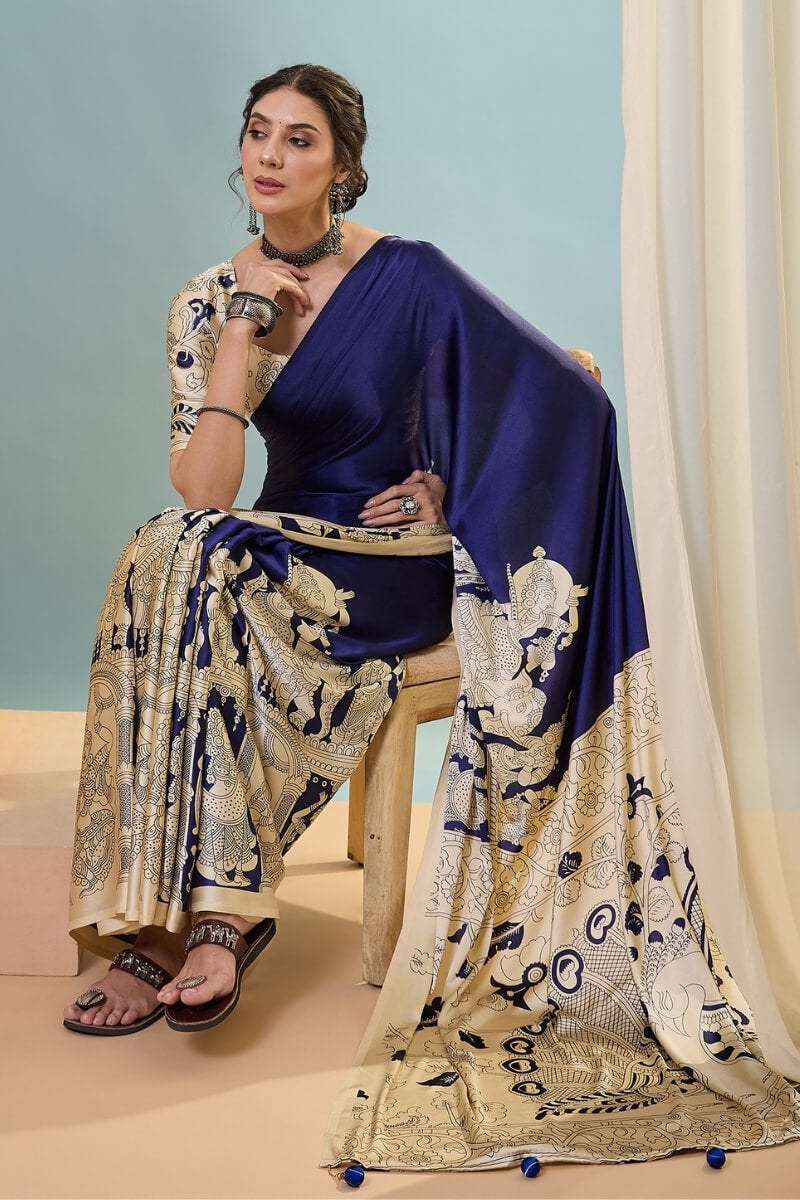 Mesmeric Navy Blue Ajrakh Printed Semi Modal Silk Saree With Bewitching Blouse Piece