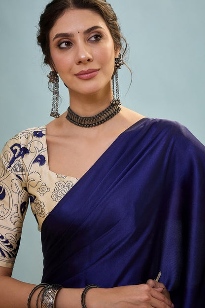 Mesmeric Navy Blue Ajrakh Printed Semi Modal Silk Saree With Bewitching Blouse Piece