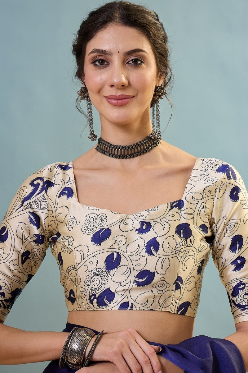 Mesmeric Navy Blue Ajrakh Printed Semi Modal Silk Saree With Bewitching Blouse Piece