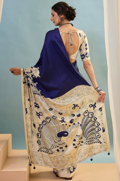 Mesmeric Navy Blue Ajrakh Printed Semi Modal Silk Saree With Bewitching Blouse Piece
