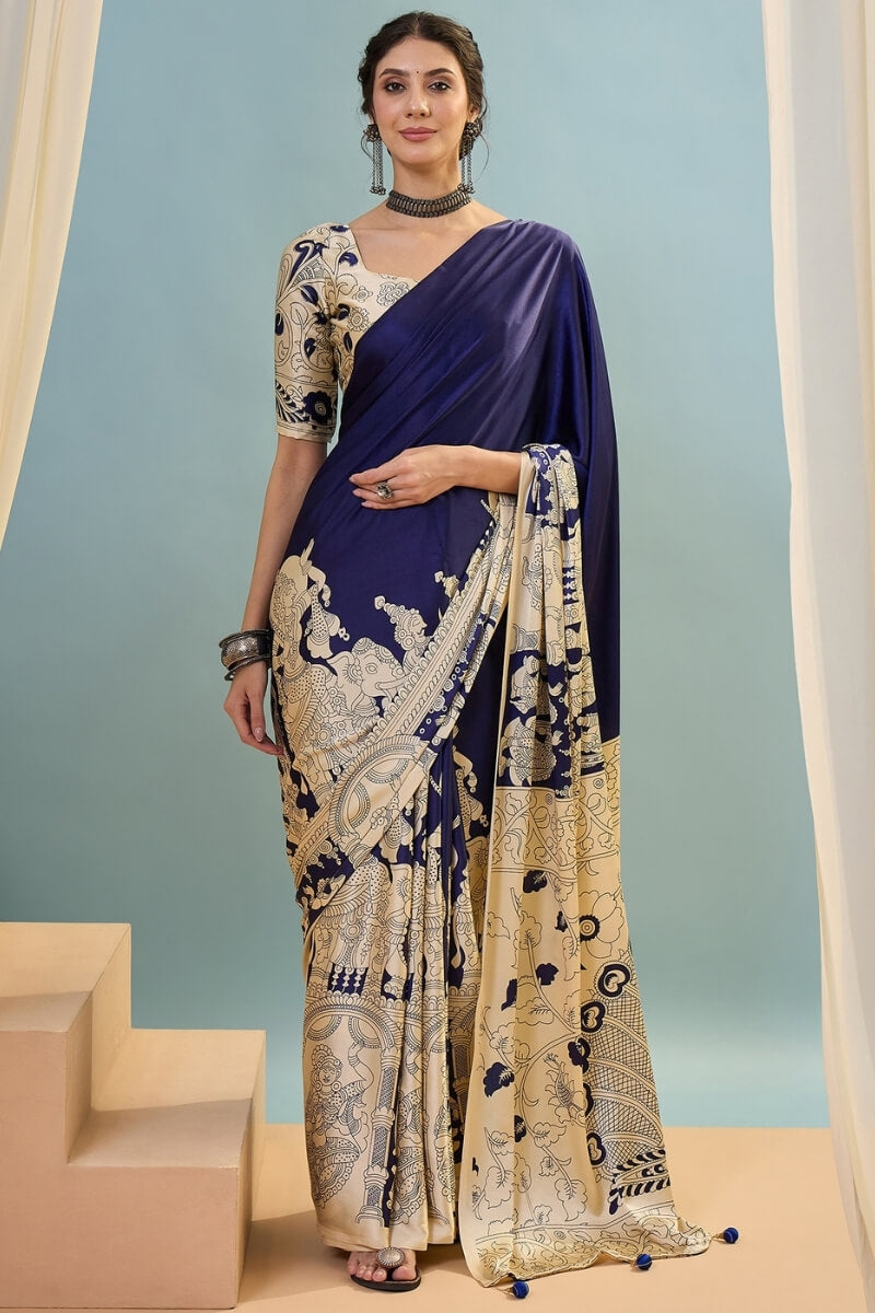 Mesmeric Navy Blue Ajrakh Printed Semi Modal Silk Saree With Bewitching Blouse Piece