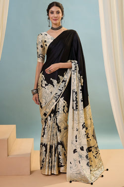 Mesmerising Black Ajrakh Printed Semi Modal Silk Saree With Unequalled Blouse Piece