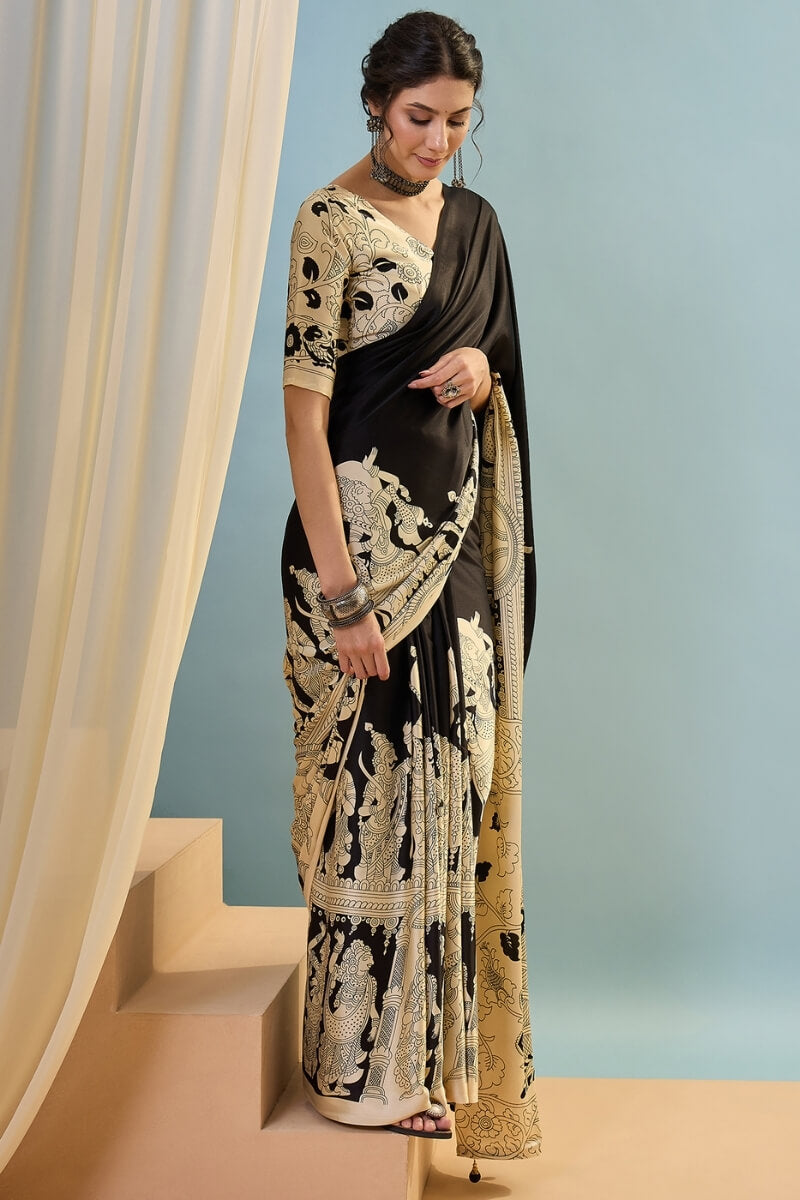 Mesmerising Black Ajrakh Printed Semi Modal Silk Saree With Unequalled Blouse Piece