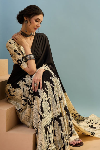 Mesmerising Black Ajrakh Printed Semi Modal Silk Saree With Unequalled Blouse Piece