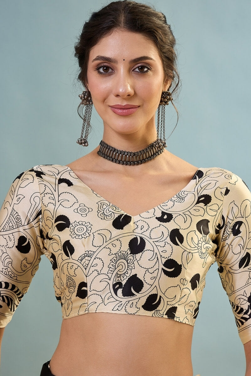 Mesmerising Black Ajrakh Printed Semi Modal Silk Saree With Unequalled Blouse Piece