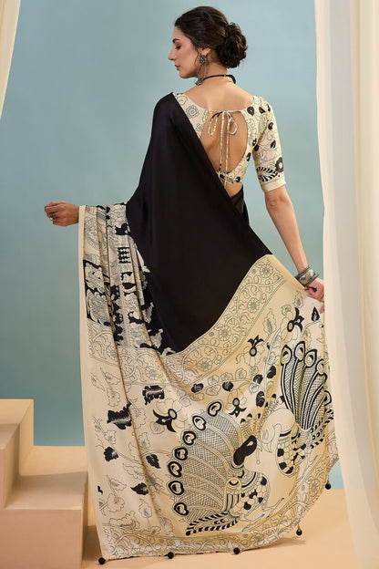 Mesmerising Black Ajrakh Printed Semi Modal Silk Saree With Unequalled Blouse Piece