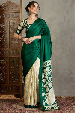 Sempiternal Dark Green Digital Printed Satin Silk Saree With Inimitable Blouse Piece